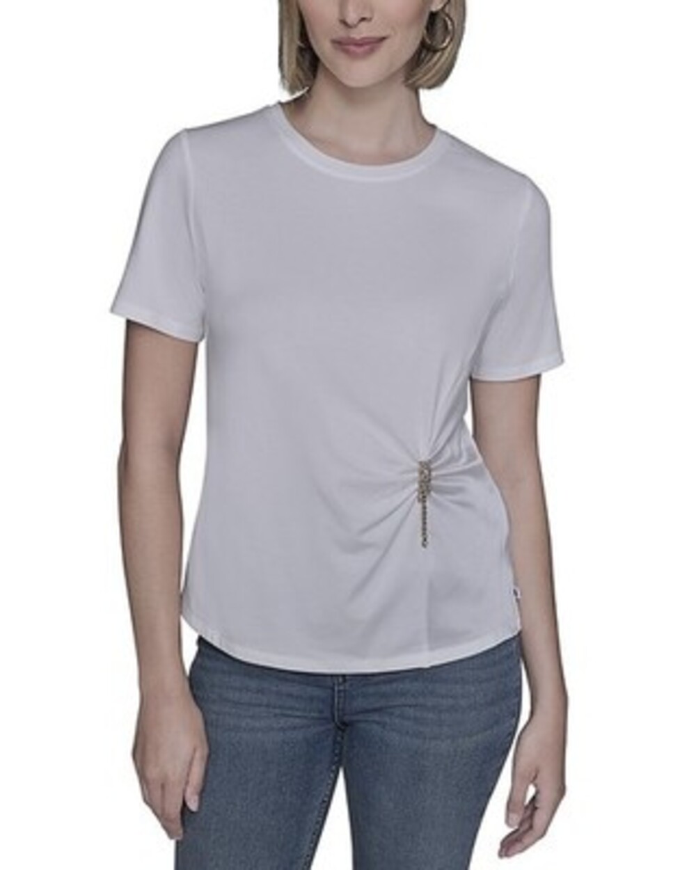 KARL LAGERFELD PARIS Combo Tee Women's L Soft White Crewneck Logo Pin Pullover